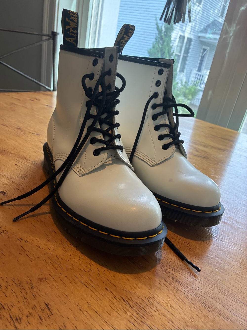Dr. Martens White Lace-Up Combat Boots with Yellow Stitching-NWT
